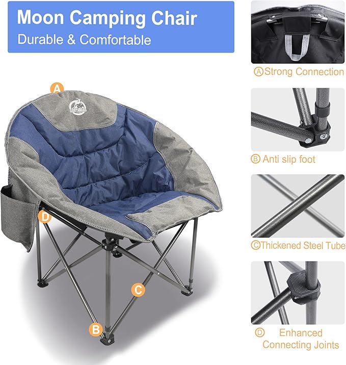 Northroad Folding Compact Camping Moon Chair Outdoor Padded Saucer Round Chair w/Cup Holder Supports up to 300 lbs for Beach Hiking Fishing Picnic LawnBlue
