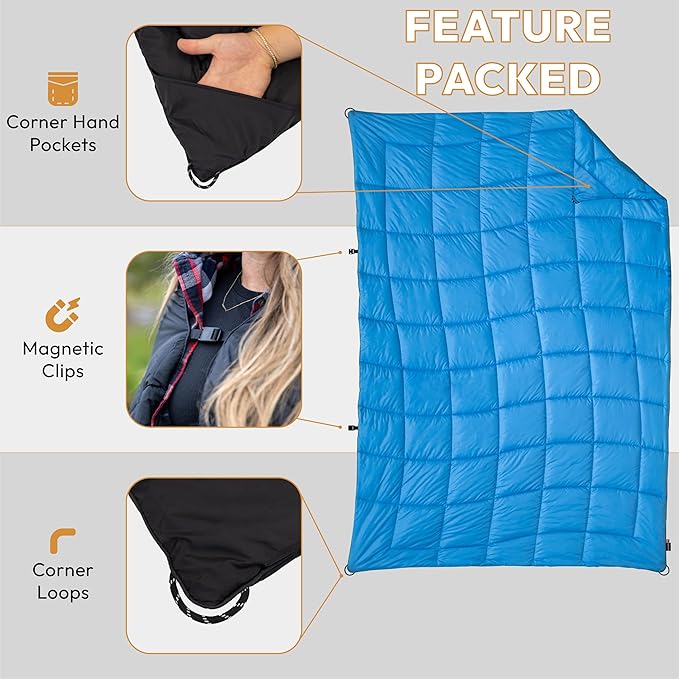 Versatile Packable Outdoor Camping Blanket Puffy Blanket Primaloft® Insulation Warm Durable Lightweight Waterproof Oversize Beach Stadium and More! 55x80 (Cendre Blue)