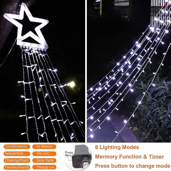 Christmas Decoration Lights Outdoor Christmas String Lights 320 LED 11.5 Ft Waterfall Tree Light with Big Star Topper 8 Light Modes for Xmas New Year Holiday Garden Yard Indoor Outdoor Decor