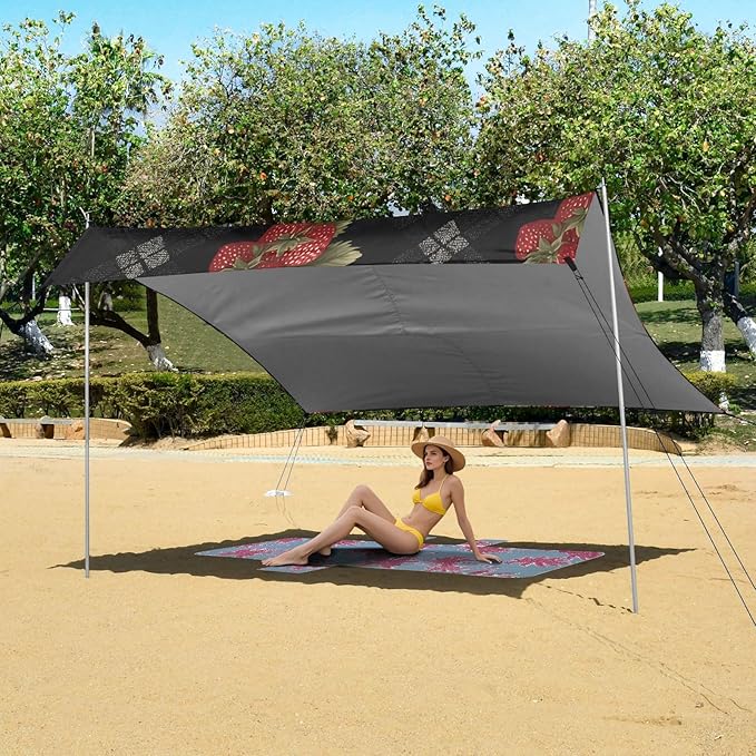 Bolaz Beach Canopy Tent Sun Shade9'×10.5' Large Family Beach Shade UPF50+- Outdoor Shade for Camping Trips FishingStrawberry Lattice Pattern