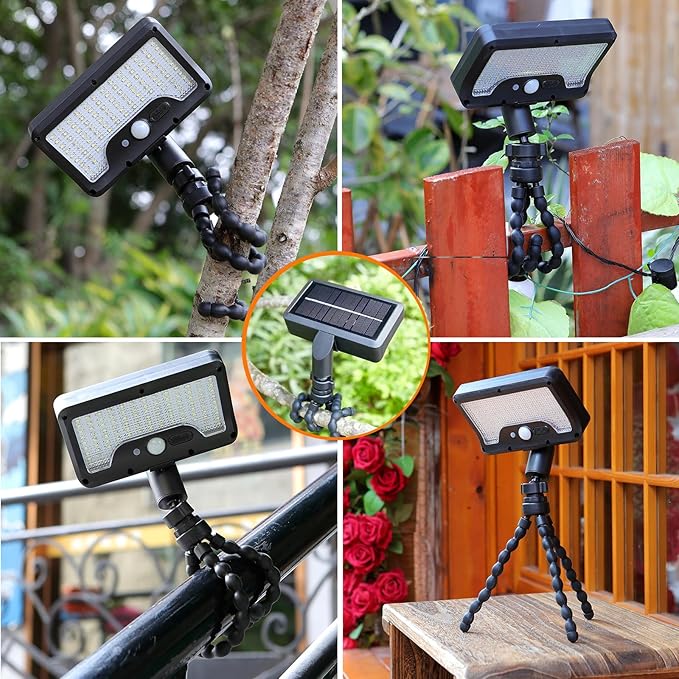 Motion Sensor Outdoor Lights with Flexible Octopus Tripod - 600LM Solar Sercurity Lights Waterproof Dual Charging Solar Ourdoor Light for CampingFence Patio (Black-2pcs)
