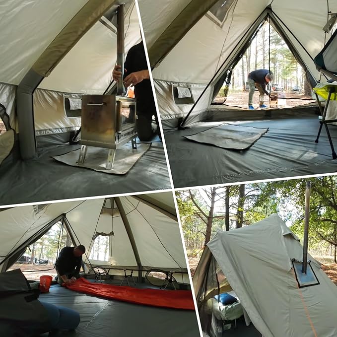 DANCHEL OUTDOOR B2I Inflatable Camping Tent 9.8ft No Center Pole Lightweight Blow Up Bell Tent with Stove Jack Skylight Pump Waterproof 300D Oxford Glamping Yurt for 1-3 Person Family