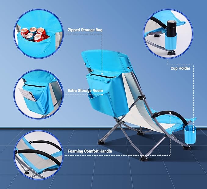 Nice C Compact High Back Beach Chair for Adults w/ Cooler Cup Holder &amp Carry Bag - Heavy Duty for Outdoor Camping BBQ Travel Picnic Festival (One Blue)