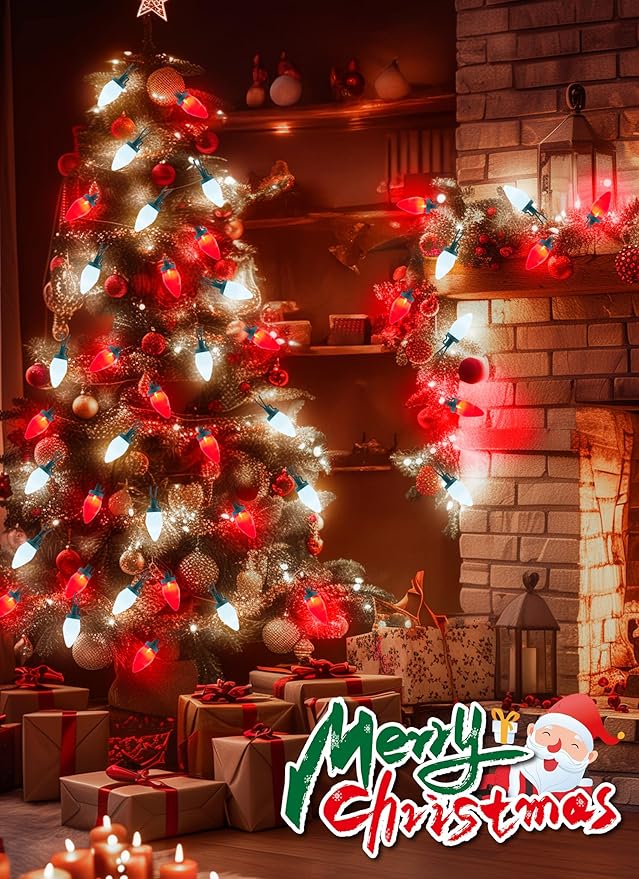 Moonflor C9 LED Christmas Lights Outdoor 100ft Feet 100 LED Strawberry String Lights with 50 Spring Clamps Waterproof Commercial Grade Extendable for Indoor OutdoorRed and Pure White