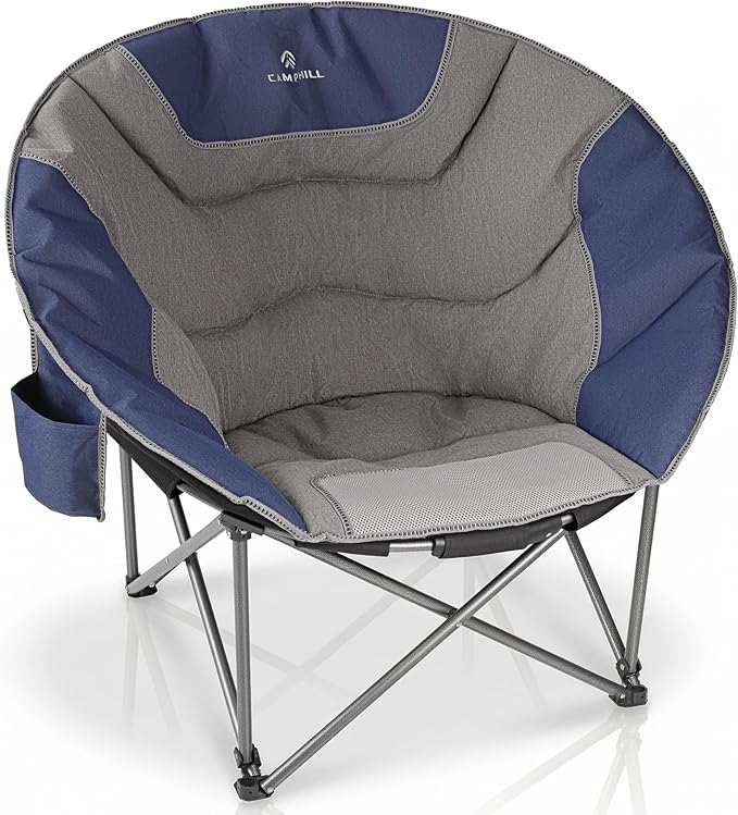 Oversized Camping Moon ChairsFolding Round Padded Sofa Chair for AdultsOutdoor Lawn Chairs w/Side PocketPerfect for IndoorFamily CampingPicnics and GardenBlue&ampGrey