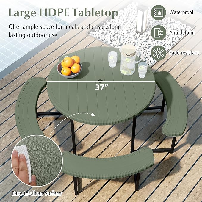 Giantex Picnic Table Bench Set for 4-8 Person Round 37” Outdoor Dining Table w/Umbrella Hole HDPE Tabletop Metal Frame Patio Furniture Set for Backyard Porch Lawn 1400lb Capacity (GreenRound)