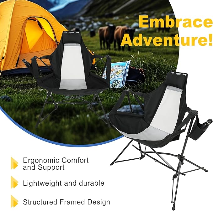 Hammock Camping Chair Portable Chairs with Pillow Cup Holder and Carry Bag Lightweight Foldable Chair for Outside Camping Hiking Travel Beach and Sports (Black)