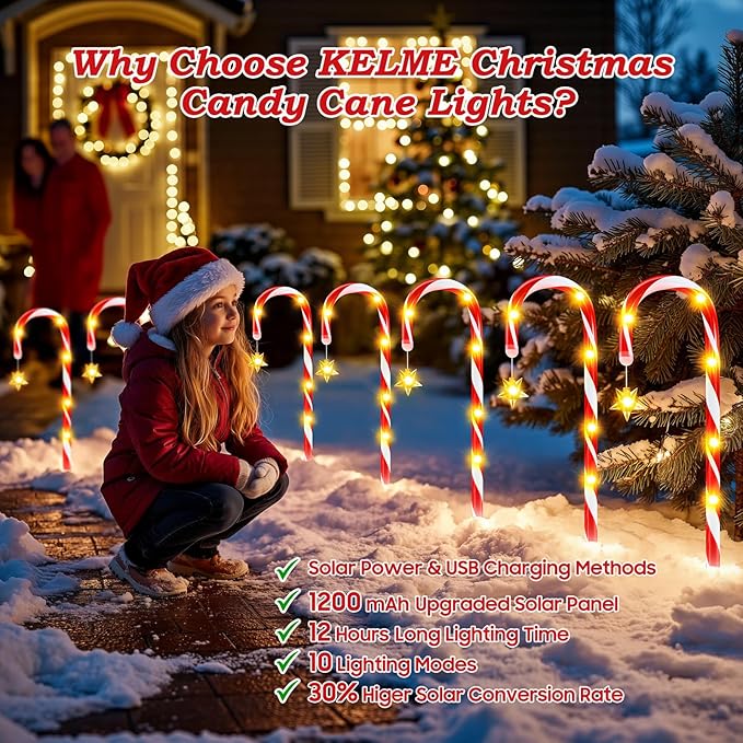 24 Pack Upgraded Solar Candy Cane Lights Outdoor Christmas Decorations Outdoor Solar Christmas Pathway Lights Waterproof with USB Charging 10 Modes for Yard Garden Lawn Path Walkway Party Xmas Decor
