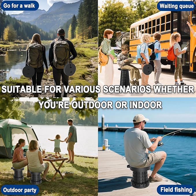 2026 Upgraded 45cm Collapsible Stool with Cushion Maximum Loading 440 Pounds Portable and Lightweight Adjustable Seat Camping Retractable Stool for Outdoor Camping Fishing Hiking BBQ