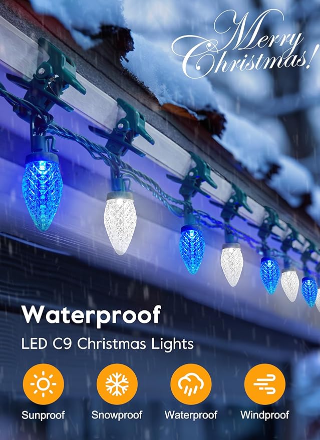 C9 LED Christmas Lights Outdoor 68 Feet 100 LED C9 String Light with 100 Spring Clips Waterproof Connectable Christmas Tree Lights for Outside Roofline Patio Home Xmas Decor Blue &amp Pure White