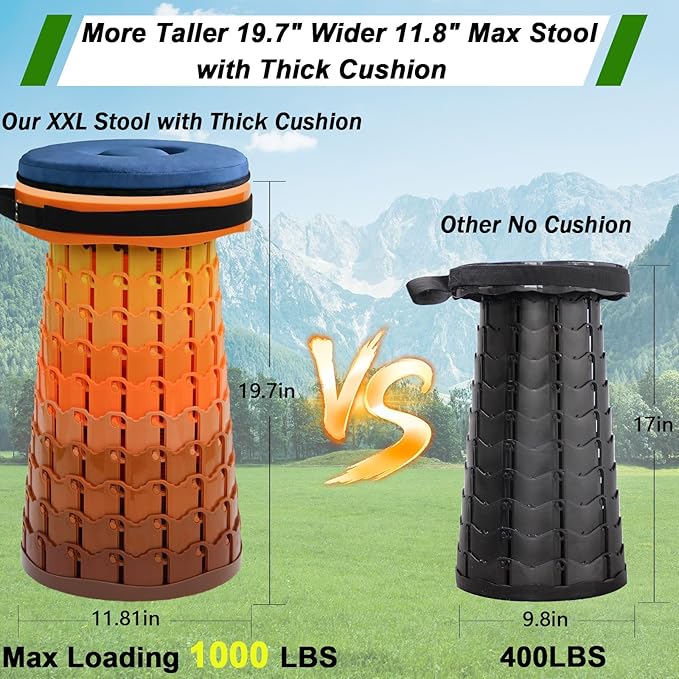 2026 Upgraded XXL Collapsible Stool with Thick Cushion19.7H-11.8D Telescoping Folding Stool for Adults More Sturdy Camping Stools with Load Capacity 1000lbs for OutdoorGardenFishingHiking