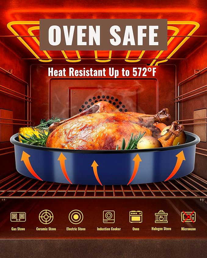 Enamel Roasting Pan Set Round Baking Dish 4-Pack 9/10/12/14 Inch Non Stick High Temperature Resistance Bakeware for Pizza &amp Salad Oven Dishwasher Safe Valentine Gift for Wife &amp Mom Cake Pan