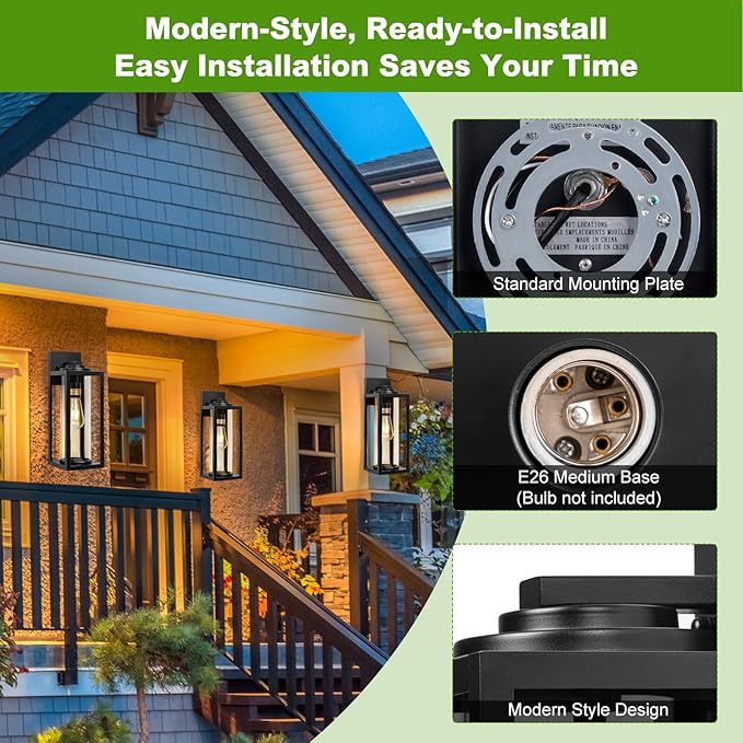20inch Large Outdoor Wall Lights - 2 Packs Modern Black Exterior Light Fixture with Clear Glass Shade Waterproof Porch Lighting for House Farmhouse Sconces Lantern for Front Door Garage
