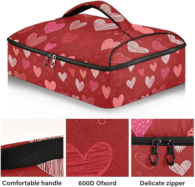 Casserole Carrier Hand-drawn HeartsInsulated Casserole Carrier for Hot or Cold Food Thermal Lunch Tote for Potluck Parties Picnic Beach Fits 9 x 13 Inches Baking Dish