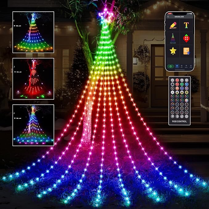 11.8 FT Christmas Decorations Outdoor Star String LightsSmart APP Remote Control RGB Color Changing DIY 344 LED Waterfall Lights for Garden Yard Outdoor Xmas Decorations