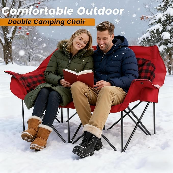 Heated Double Camping Chair with 2 Battery Padded Camping Couch with 3 Heat Levels and 4 Heating Zones Oversized Camp Loveseat Support 800lbs for Soccer Games Tailgating RV Travel Beach Days