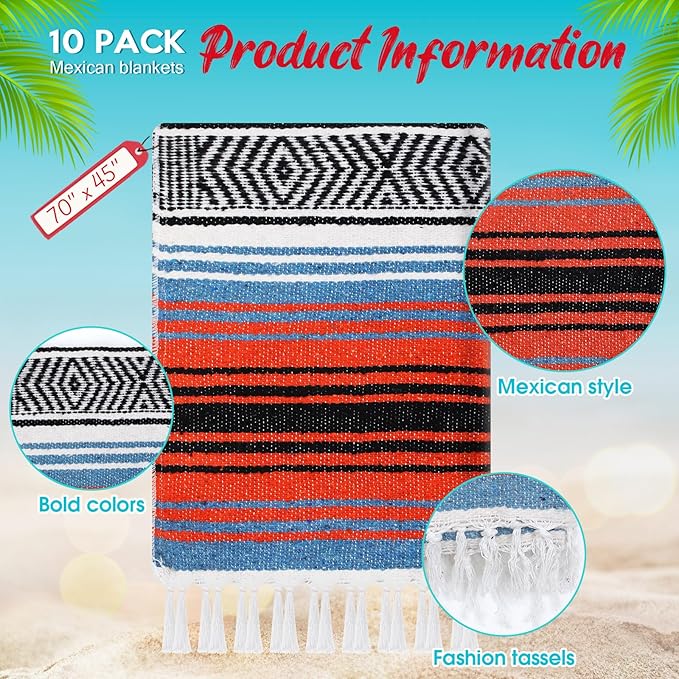 Oudain 10 Pack Mexican Blankets 45 x 70 Inch Cotton Woven Serape Throw Blanket Baja Yoga Blanket for Beach Picnic Camping Boho Couch Decor Travel Outdoor (Neutral Color)