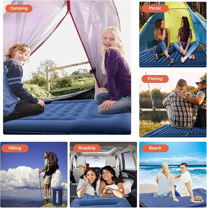 FAQIUQI Camping Sleeping PadsExtra Thick 5 Inch Inflatable Sleeping Mat with Pillow Built-in PumpOversized Mattress Super Portable Backpacking Sleeping Pad (Blue)
