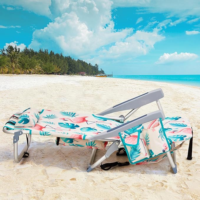 2 Pack Low Beach Chairs for Adults 5-Position Reclining Backpack Beach Chair with Cooler Pouch Portable Lightweight Folding Beach Chair with Aluminum Frame &amp Cup Holder Supports 220lbs Flaming