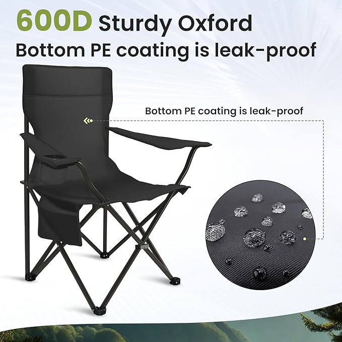 Portable Camping Chair 2 Pack Folding Outdoor Chair with Cup Holder &amp Side Pocket for Camping Hiking Picnic Beach (Black)