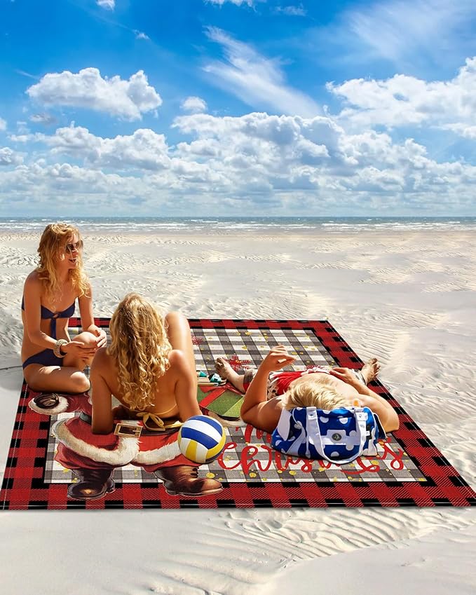 Beach Blanket Waterproof Sandproof Santa Claus Christmas Winter Snowflakes Quick Drying Beach Mat with 4 Stakes Red Black Buffalo Plaid Lightweight Picnic Blanket for Travel Camping 118x108
