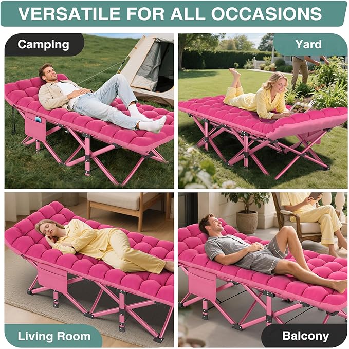 ZENPETIO Oversized XXL Folding Camping Cot Heavy Duty Sleeping Cot for Adults with Mattress and Pillow Portable Cot Bed with Carry Bag for Outdoor Camp Travel Home Guest Office Pink