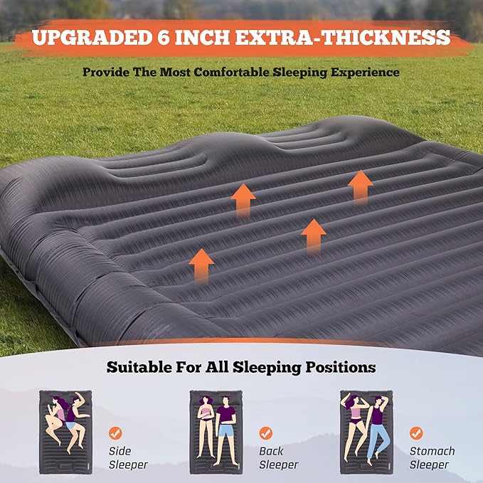 TOBTOS Double Sleeping Pad for Camping Extra Thick 6 Camping Mattress 2 Person with Pillow Built-in Foot Pump Inflatable Sleeping Mat for Camp Backpacking Hiking Traveling