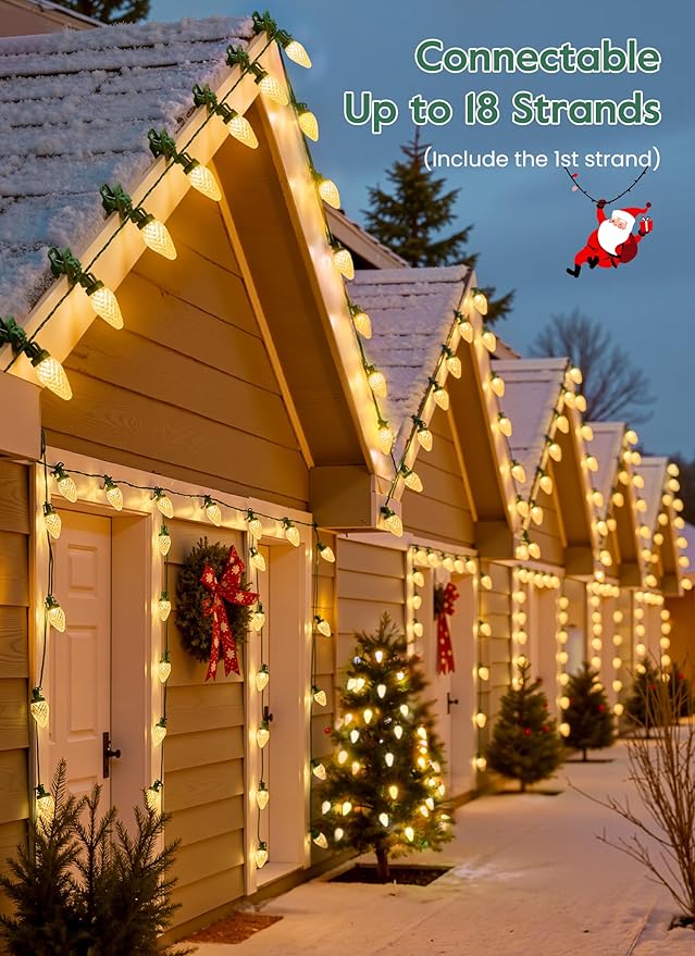 Brightown C9 LED Christmas Lights Outdoor 99 Feet 150 LED C9 String Lights with 150 Spring Clips Waterproof Connectable Christmas Tree Lights for Outside Roofline Patio Home Xmas Decor Warm White
