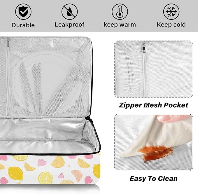 Casserole Carrier Lemon Slices and HeartInsulated Casserole Carrier for Hot or Cold Food Thermal Lunch Tote for Potluck Parties Picnic Beach Fits 9 x 13 Inches Baking Dish