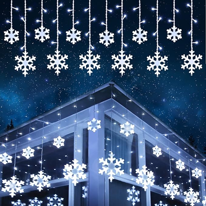 Toodour Christmas Snowflake Lights Outdoor 17.22ft 264 LED Snowflake Icicle Lights with 22 Drops Connectable 8 Modes Waterproof White Christmas Light for Curtain Eaves Window Xmas Decorations