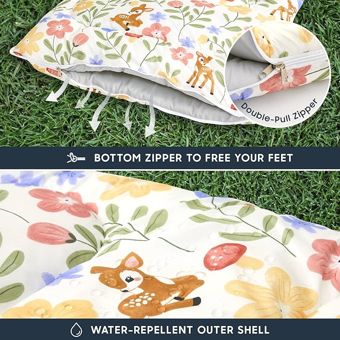 Wake In Cloud - Kids Sleeping Bag for Girls Toddlers Camping in Warm Cold Weather Backpacking Lightweight Compact Outdoor Liner for 3 Seasons Deer Floral Garden