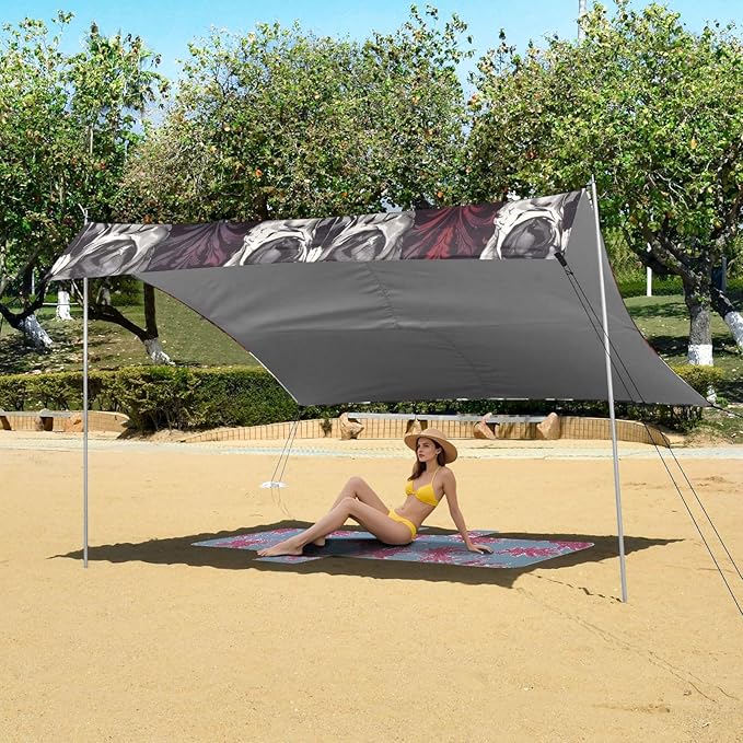Skull Pattern Beach Tent Sun Shelter 9.2' x 10.5' Beach Canopy with 4 Sandbags 4 Stability Poles Sand Shovels - Tent Canopy for Beach Camping Fishing Picnics