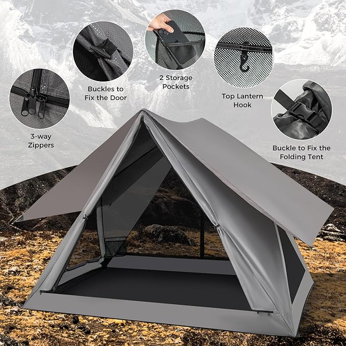 Tangkula Pop Up Camping Tent for 2-3 Person 360° One-Way See-Through Backpacking Tent with Removable Rainfly 2 Mesh Windows 2 Zippered Doors Carrying Bag Portable Outdoor Family Tent for Camping