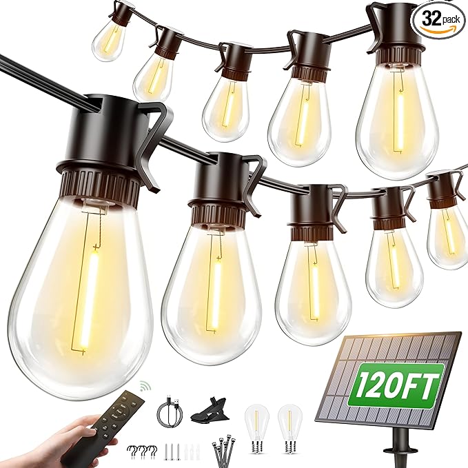 Torkase Solar String Lights Outdoor 120FT 30+2 Shatterproof S14 LED Bulbs Waterproof USB Rechargeable 2200K Warm White Energy-Saving Hanging Patio Lights for Garden Porch Bistro Deck Market