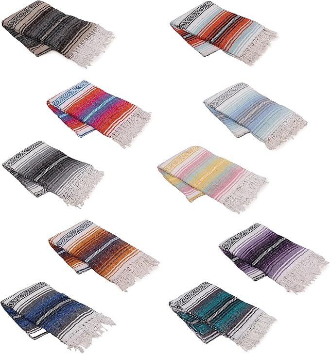 Cozumel Authentic Mexican Blankets (10-Pack) - 72x48 Woven in Mexico - Serape Throw Blanket for Yoga Studio Outdoor Picnic/Camping/Beach Saddle Blanket Bed/Home Decor (Assorted Random)