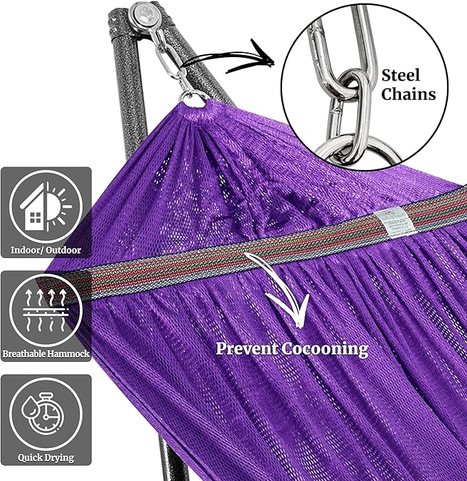 Tranquillo Universal Double Hammock with Stand Included for 2 Persons/Foldable Hammock Stand 600 lbs Capacity Portable Case - Inhouse Outdoor Camping Purple