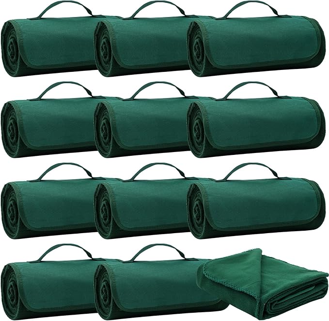 12 Pack Outdoor Blankets Bulk Foldable Picnic Blanket Camping Throws with Fleece Lining 48 x 53 in Large Size &amp Windproof for Stadium Camping Picnic Car Outdoor Sports Events(Green)