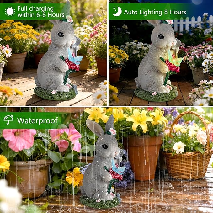 Solar Garden Decor Rabbit with Butterfly Statues Outdoor Outdoor Figurine Statue Lights Outdoor Garden Yard Lawn Patio Decoration Unique House Warming Birthday Present for Women Family