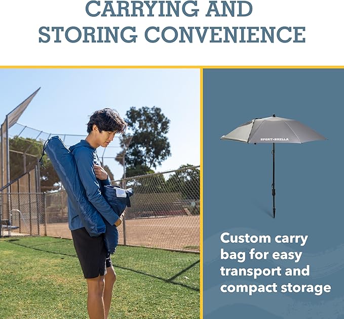 Sport-Brella Fieldedge (Gray) UPF 50+ Sun Protection Umbrella 6-Foot Bi-Fold Canopy with Patented Side Panels Premium Auger Bit and Carry Bag for Outdoor Shade on Beach Grass or Sidelines