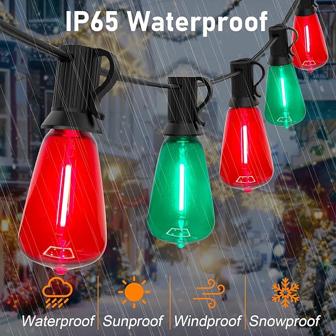 50Ft Outdoor Multicolor String Lights LED Dimmable Christmas Red/Green Lights Outdoor Waterproof with 25 ST38 Red/Green LED Bulbs 2700k Shatterproof for Backyard Gazebo Porch Garden Outside Decor
