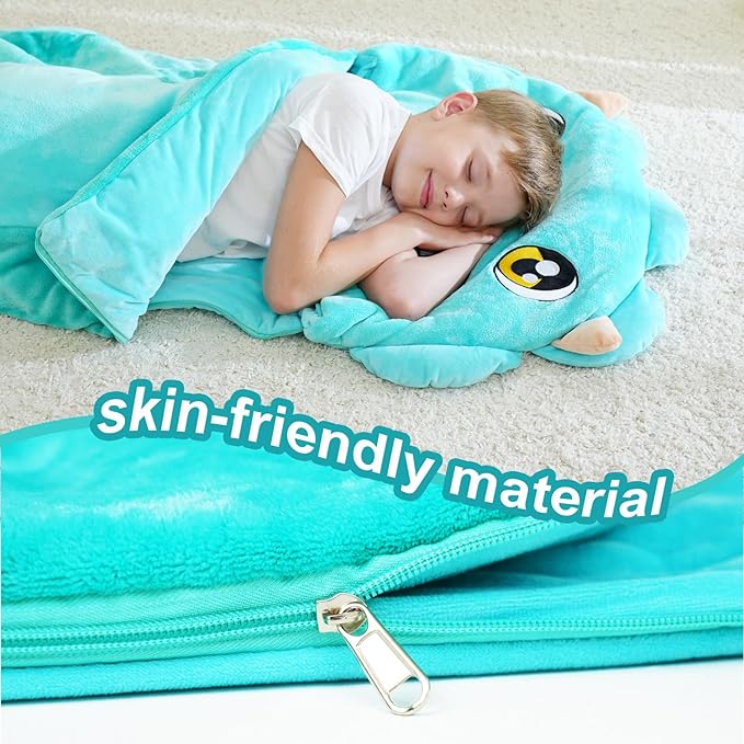 Kid Sleeping Bag with Pillow - Larger Nap Mat - Plush Slumber Bag for Boys Girls Daycare Preschool Kindergarten Birthday Gift Travel Sleepover Ages 3-12 Years