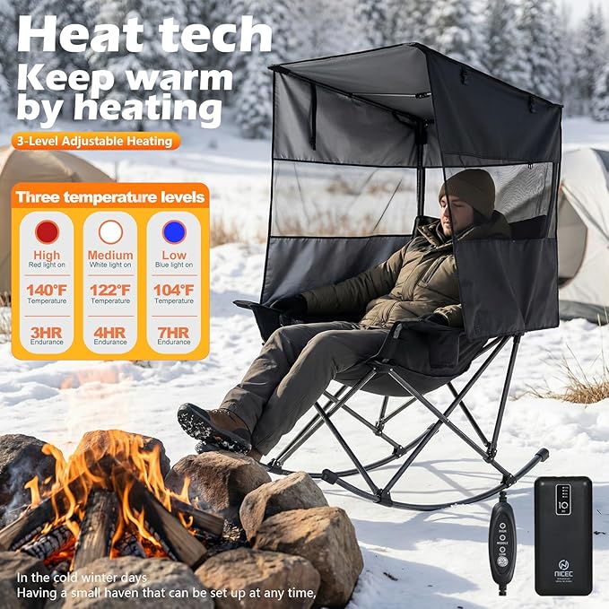 Nice C Heated Rocking Camping Chair with Canopy XL Oversized Folding Rocker with Battery Outdoor Umbrella Chairs with Shade with Cup Holder Cooler Bag for Sports Patio Backyard (1 Pack)