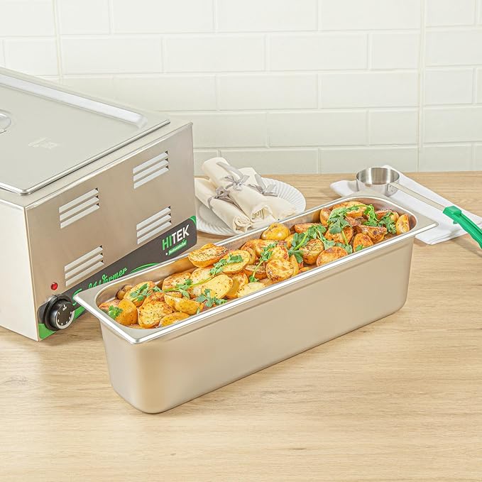 Restaurantware-Kitchen Tek 1/2 Size Long Steam Table Pans 6 Anti-Jam Steam Pans - Lids Sold Separately 6” Deep 24 Gauge Stainless Steel Hotel Pan Freezable for Catering Events and Parties