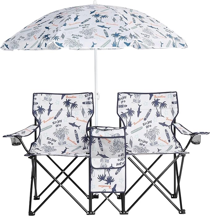 Portable Loveseat Folding Camping Chair w/Detachable Umbrella Heavy-Duty Steel &amp Oxford Material Fishing Chair for Beach Outdoor Activities Compact Design with Carrying Bag Load 180 LBS Per S