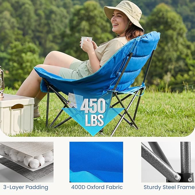 DUMOS Oversized Camping Chair for Adults - 450lbs Heavy Duty Folding Chair with Cup Holder &amp Side Pockets Portable Chair for Camping Fishing Hiking Picnic