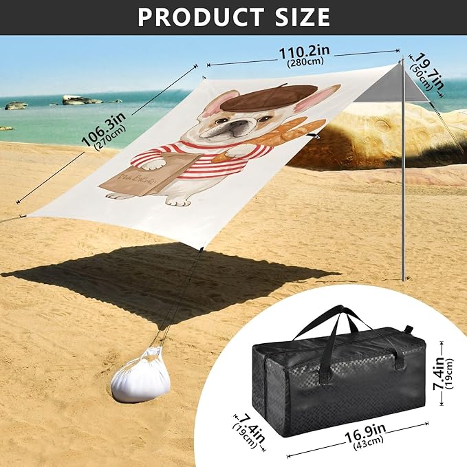 ALAZA Gental French Bulldog Puppy Dog Beach Tent Sun Shelter UPF50+ Protection Beach Shade Canopy w/ 4 Sandbags for Outdoor Camping Fishing Backyard Fun Picnic 10x9 ft