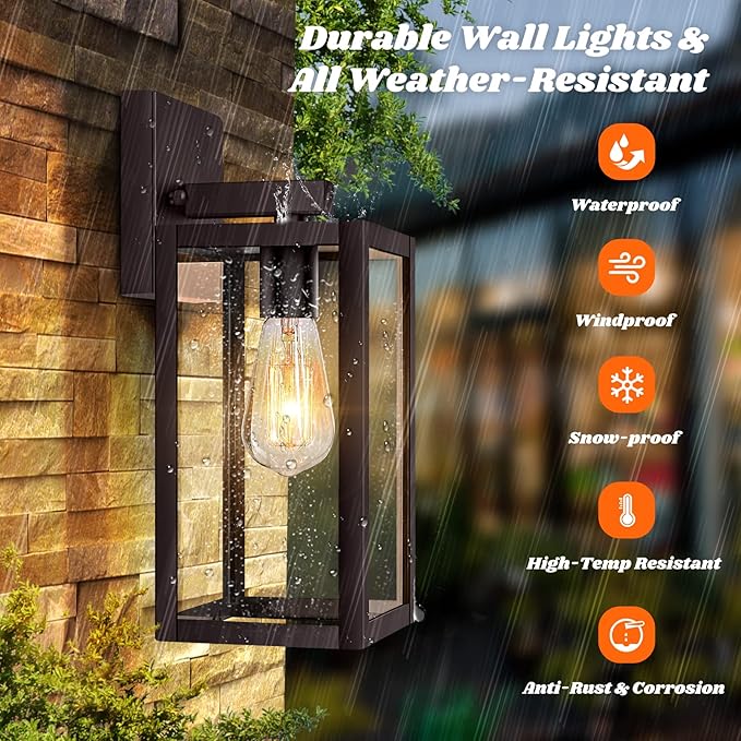 Brightever 2-Pack Outdoor Wall Light Fixtures Brown Waterproof Anti-Rust Exterior Wall Sconce Lantern with Clear Glass Modern Outside Front Porch Lights for House Garage Doorway Bulbs Not Included