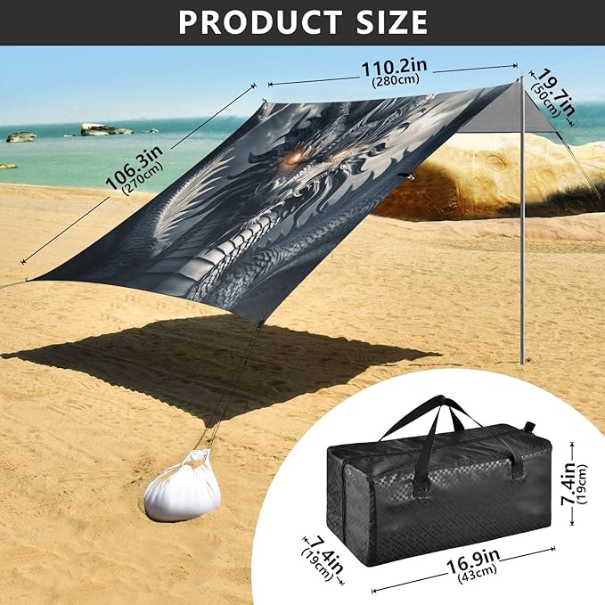 ALAZA Dragon Portrait Magic Beach Tent Sun Shelter UPF50+ Protection Beach Shade Canopy w/ 4 Sandbags for Outdoor Camping Fishing Backyard Fun Picnic 10x9 ft