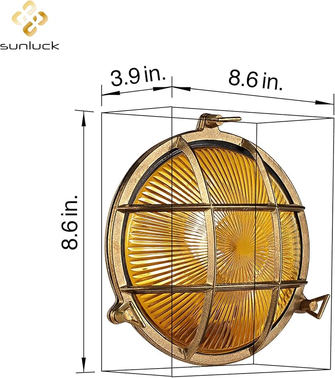 Sunluck Brass Bulkhead Light Grid Round Nautical Wall LampshadeCeiling MountSauna Light Waterproof IP54Rust ResistantDecoration CafeBarPorchesPatiosRestaurants