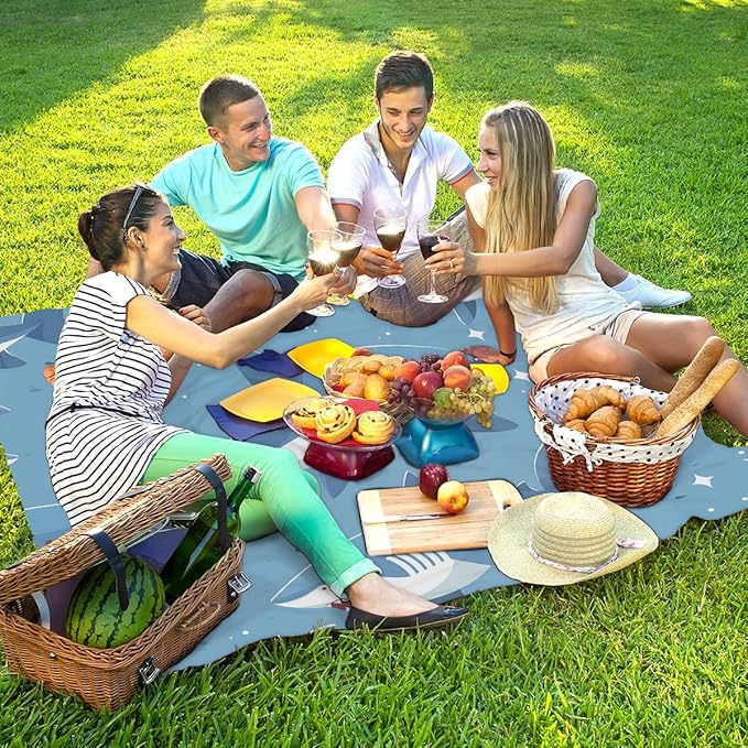 Waterproof Sandproof Beach Blanket 59''×68'' Ocean Sharks Polyester Outdoor Picnic Blanket with 4 Stakes &amp Storage Bag for BeachCampingVacation Blue